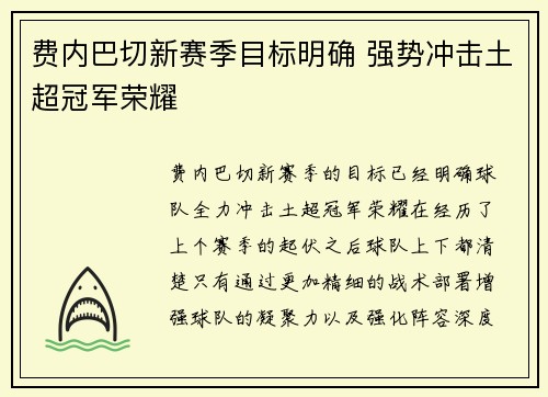 费内巴切新赛季目标明确 强势冲击土超冠军荣耀