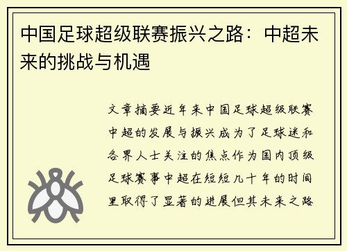 中国足球超级联赛振兴之路：中超未来的挑战与机遇
