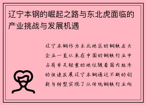 辽宁本钢的崛起之路与东北虎面临的产业挑战与发展机遇