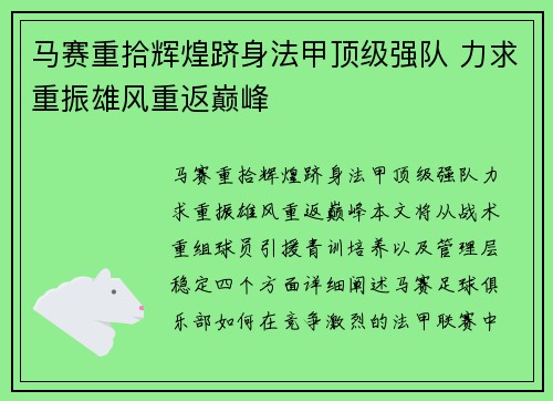 马赛重拾辉煌跻身法甲顶级强队 力求重振雄风重返巅峰