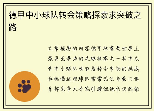 德甲中小球队转会策略探索求突破之路